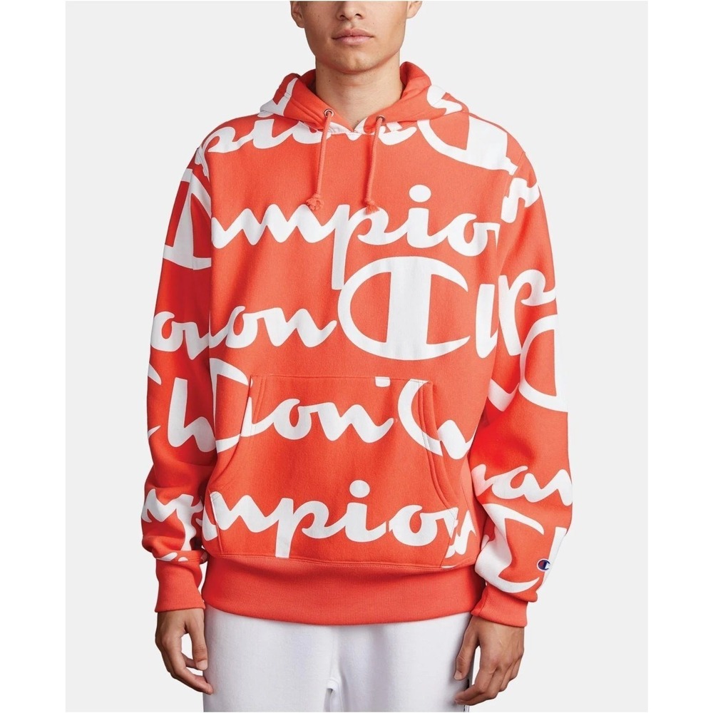 Champion Reverse Weave Hoodie Mens Sz S Orange All Over Print Script Logo Unisex